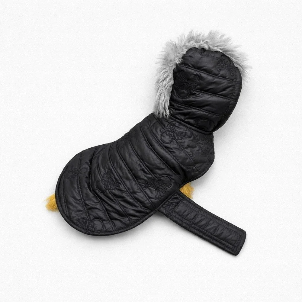 Black Top Paw Dog Puffer Coat Fleece Lined Size Md Skull/ Crossbones Mohawk Fur